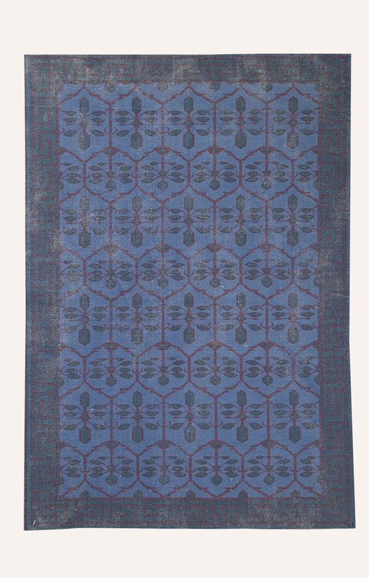 Handwoven Screen Printed Trellis Geometric Blue Rug