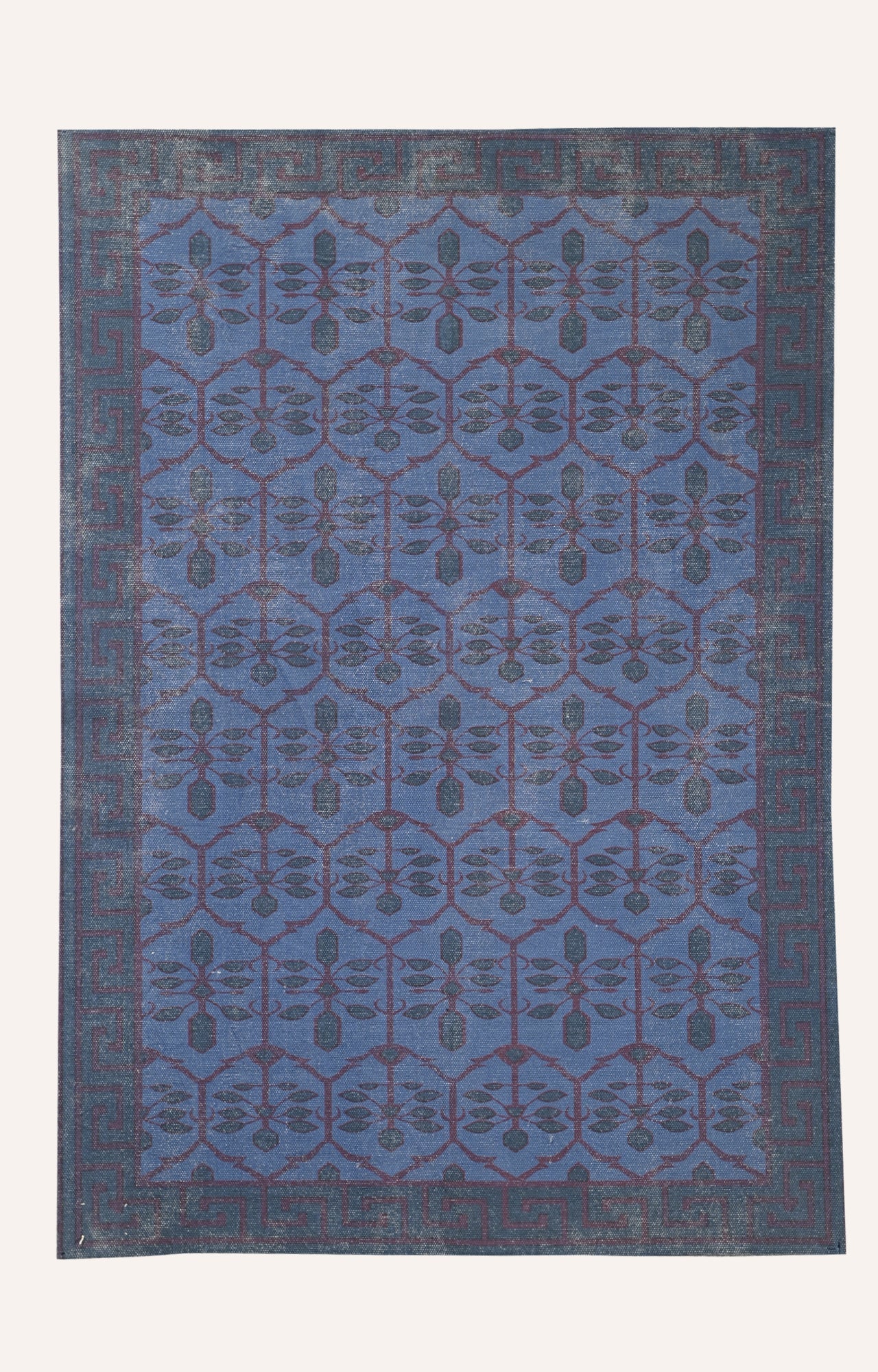 Handwoven Screen Printed Trellis Geometric Blue Rug