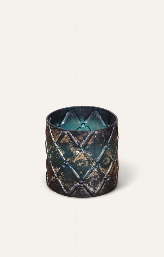 Teal Embossed Glass Candle Holder