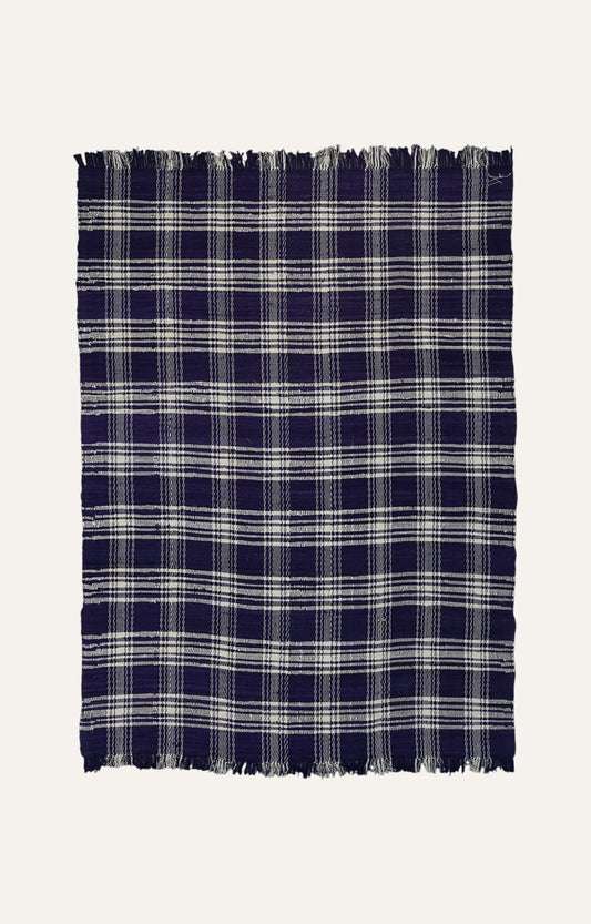 Navy Blue Checks Cotton Rug with Tassels