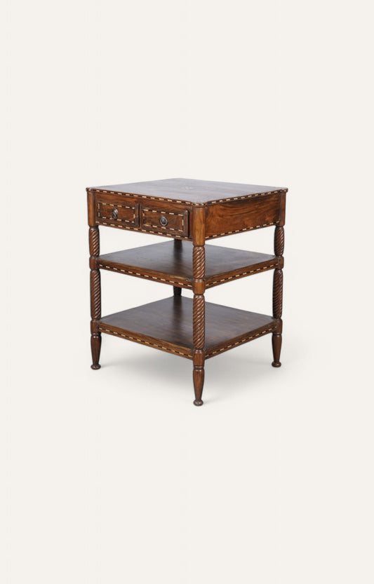 Hand-carved Side Table with Storage Drawers and Shelves