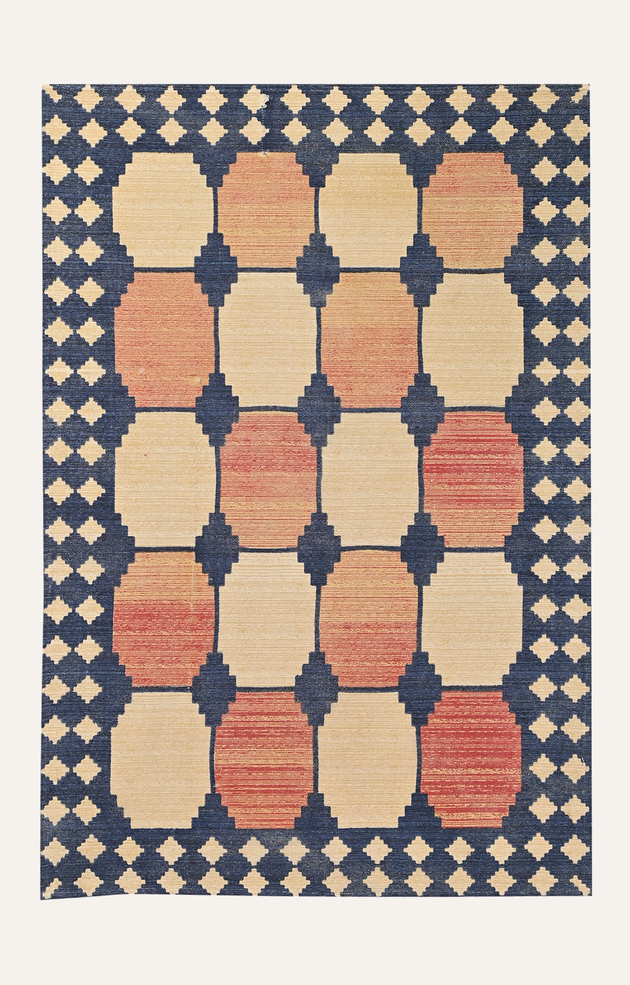 Retro Checkerboard Cotton Rug in Rust & Blue