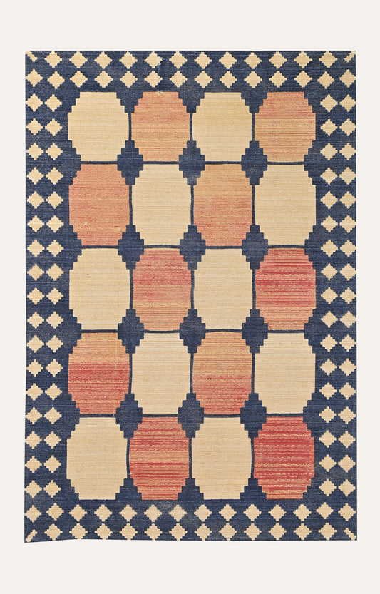 Retro Checkerboard Cotton Rug in Rust & Blue