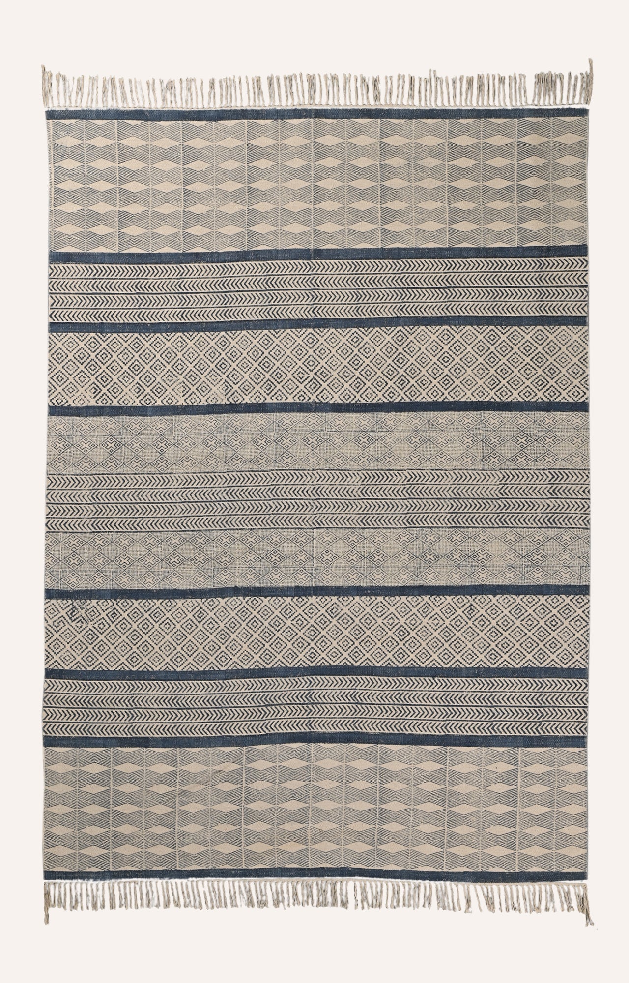 Blue and White Geometric Handwoven Block Print Rug