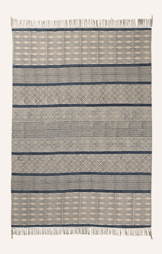 Blue and White Geometric Handwoven Block Print Rug