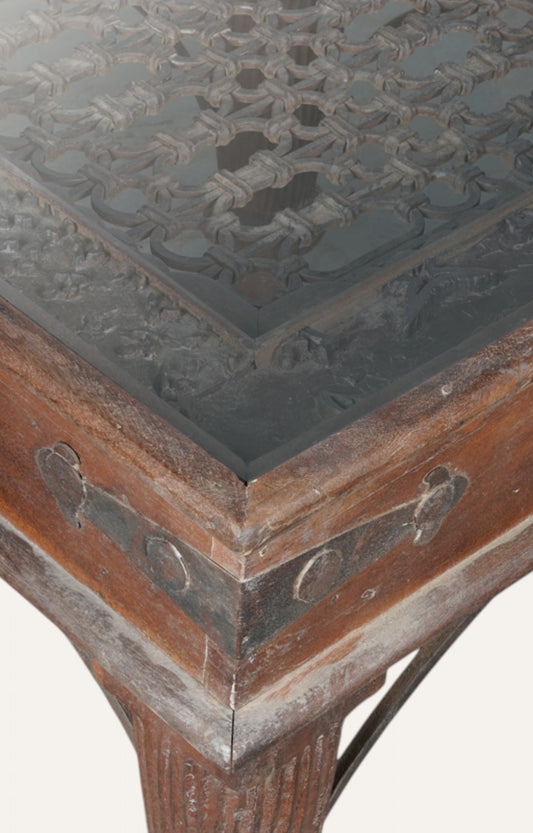 Rajputana Hand Carved Side Table with Metal Accents