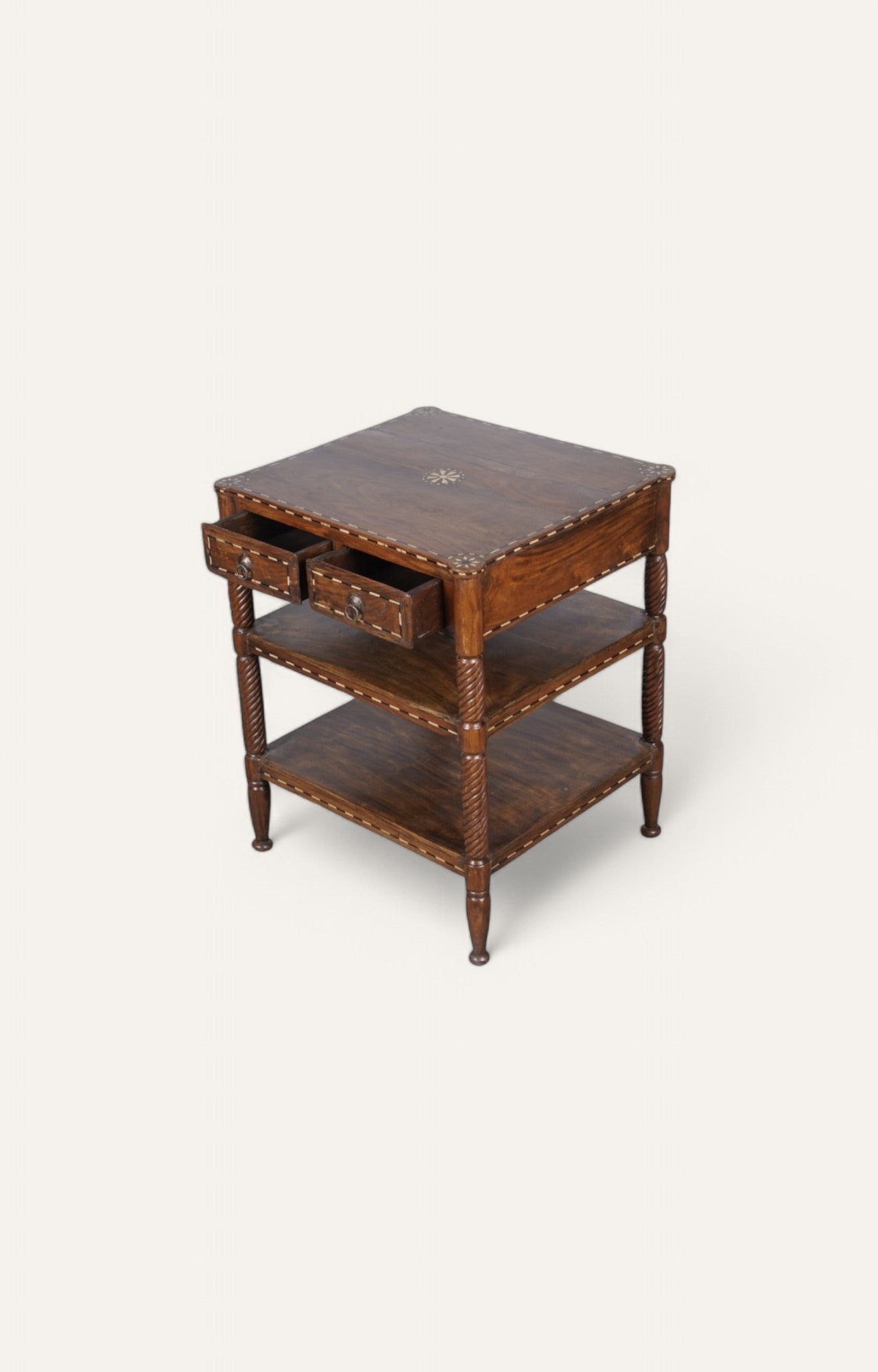 Hand-carved Side Table with Storage Drawers and Shelves