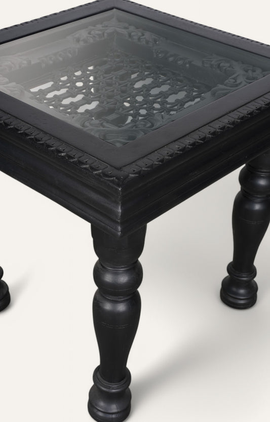 Black Hand Carved Side Table with Glass Top