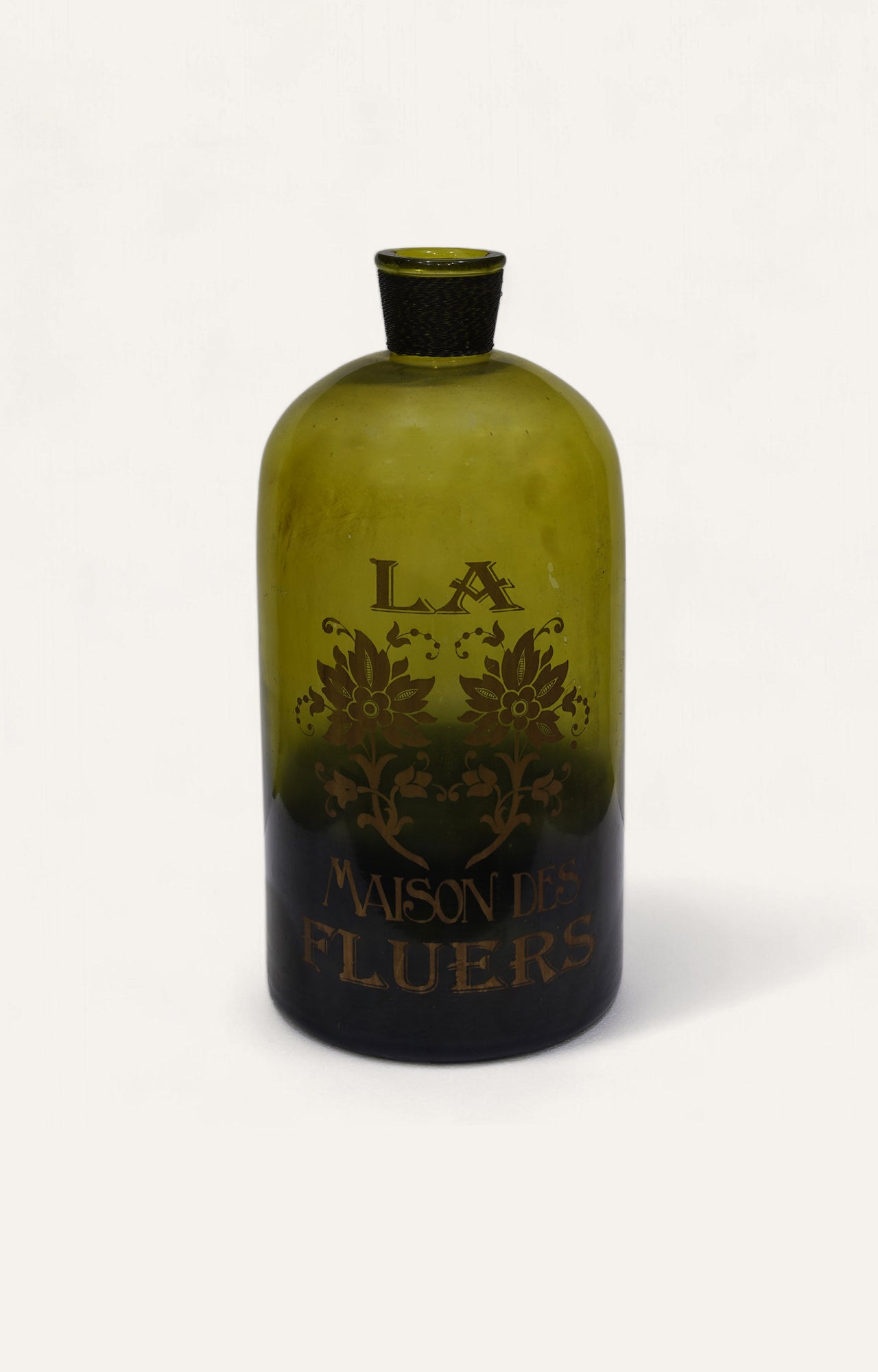 Olive green glass vase with 'Maison des Fleurs' text and floral print, 8.5-inch diameter by 17.5-inch height
