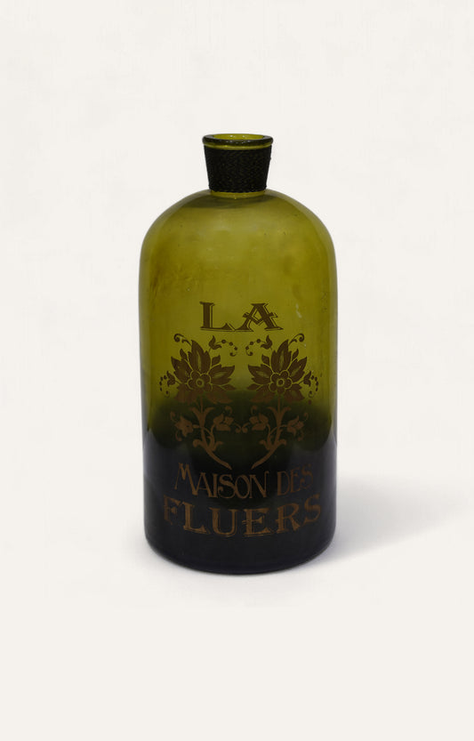 Olive green glass vase with 'Maison des Fleurs' text and floral print, 8.5-inch diameter by 17.5-inch height
