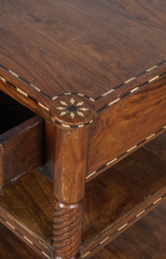 Hand-carved Side Table with Storage Drawers and Shelves