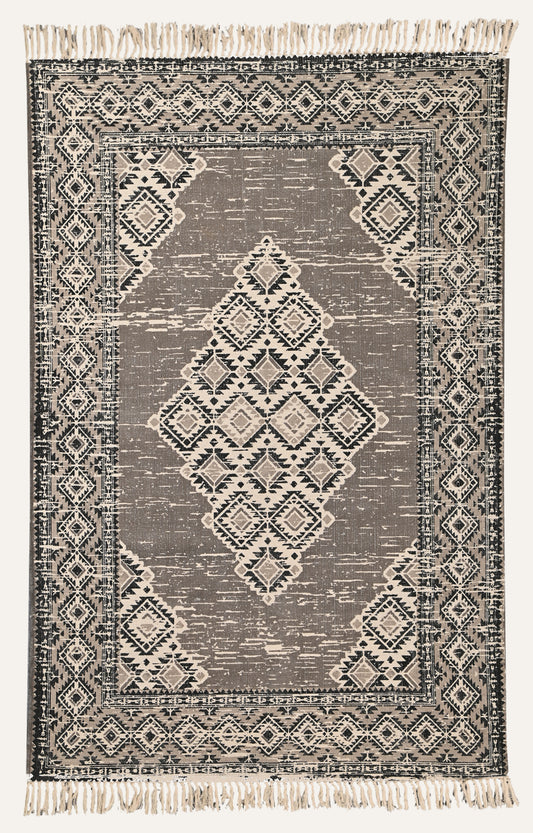 Tribal Medallion Cotton Rug in Stone & Noir