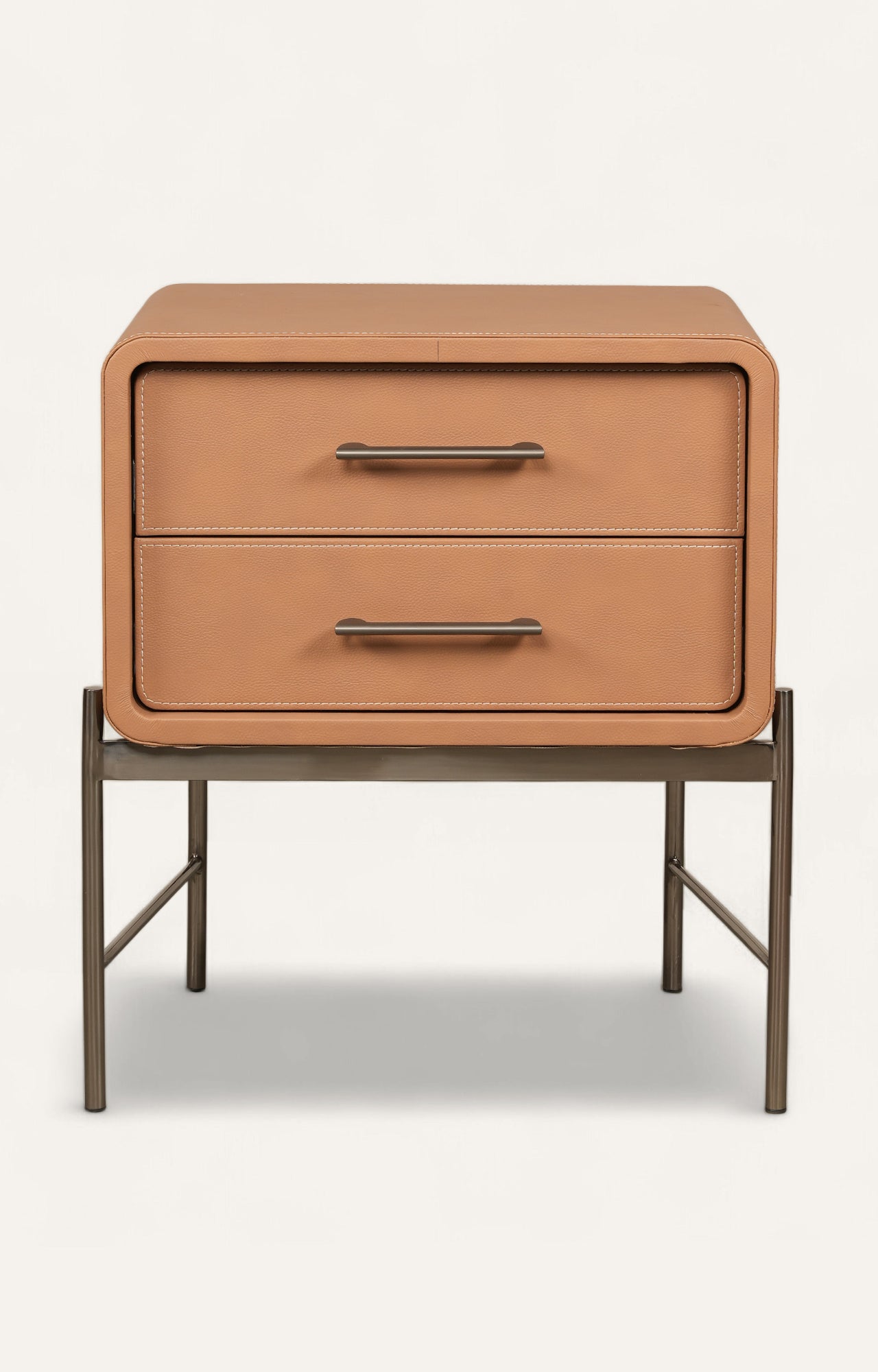Contemporary Leather-Wrapped Nightstand with Metal Base