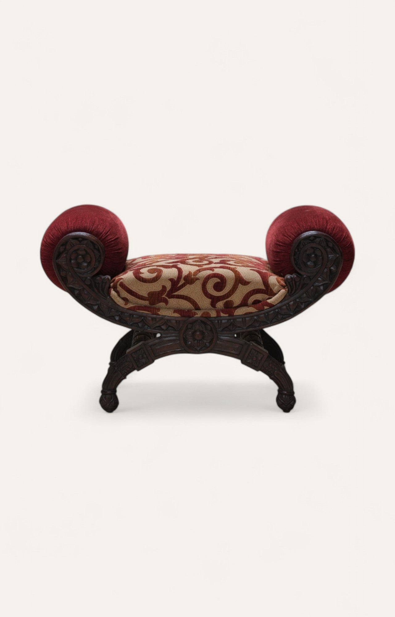 Carved Teak & Velvet Uphostred Dressing Stool