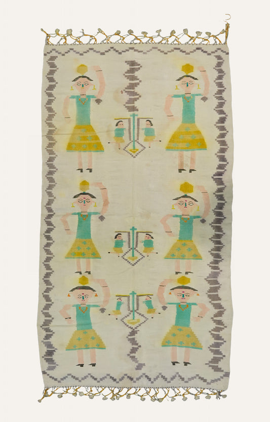 Folk Art Handwoven Cotton Rug with Tassels