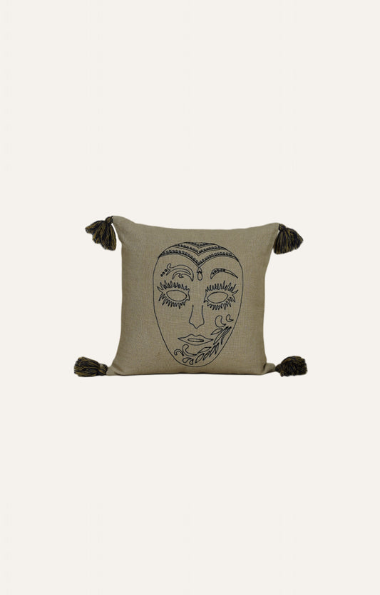 Embroidered Mask Motif Cushion with Tassels
