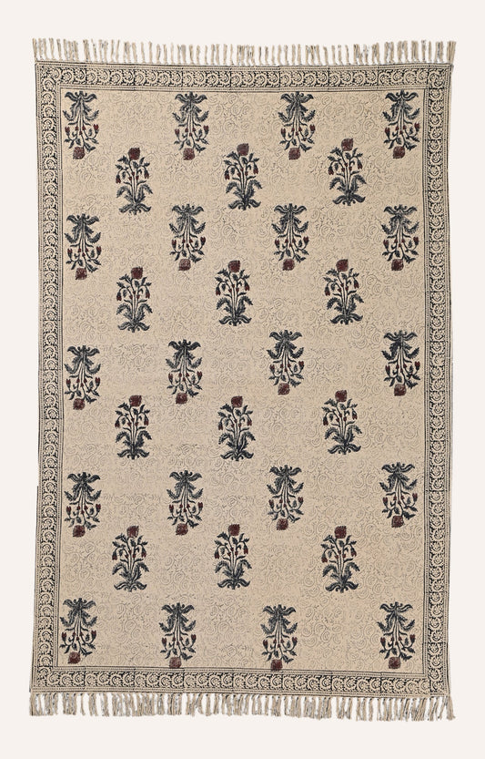 Handwoven Block Print Rug with Living Root Motif Design