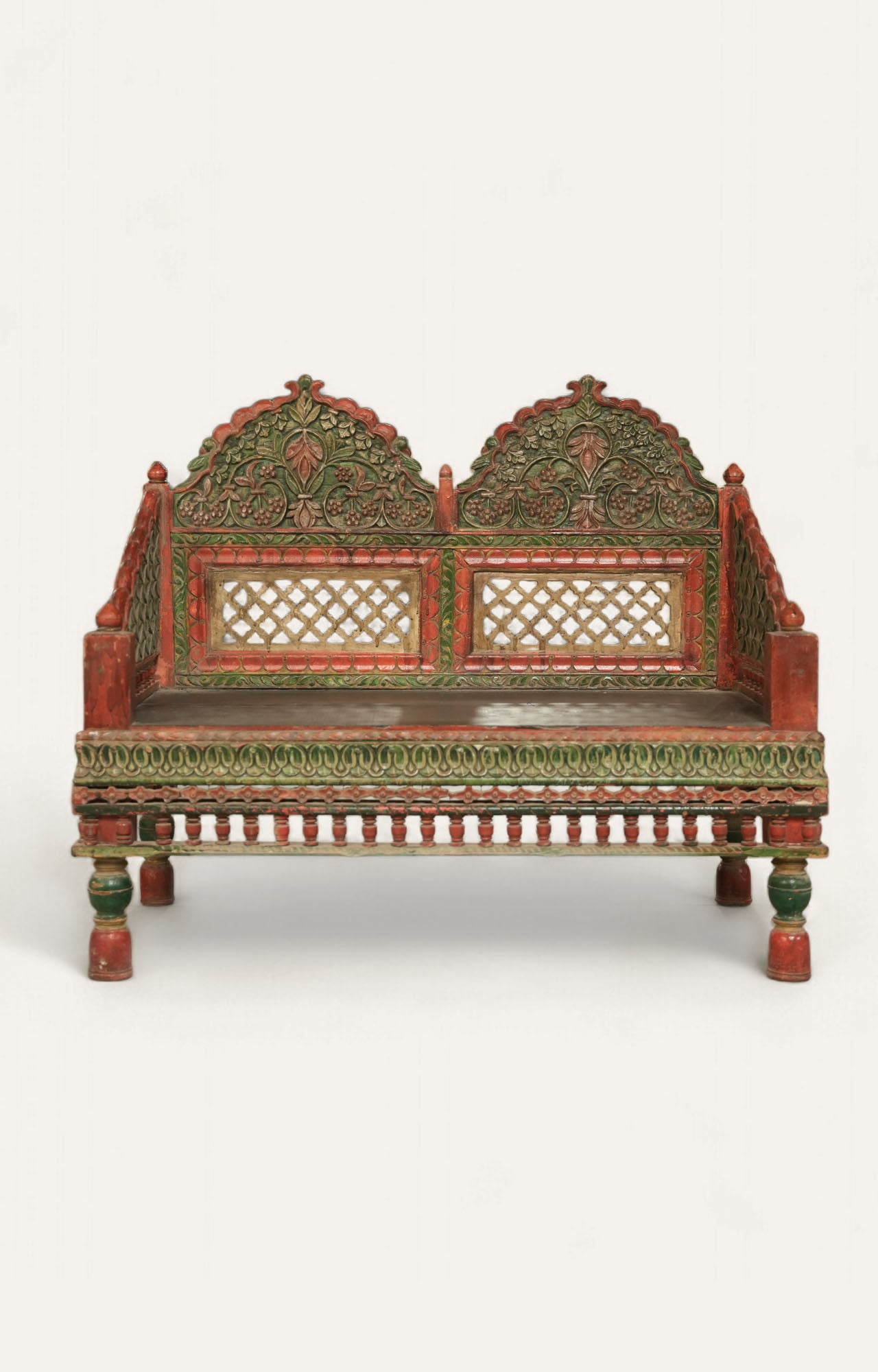 Rajputana Hand-Painted Teak Wood Bench with Arms
