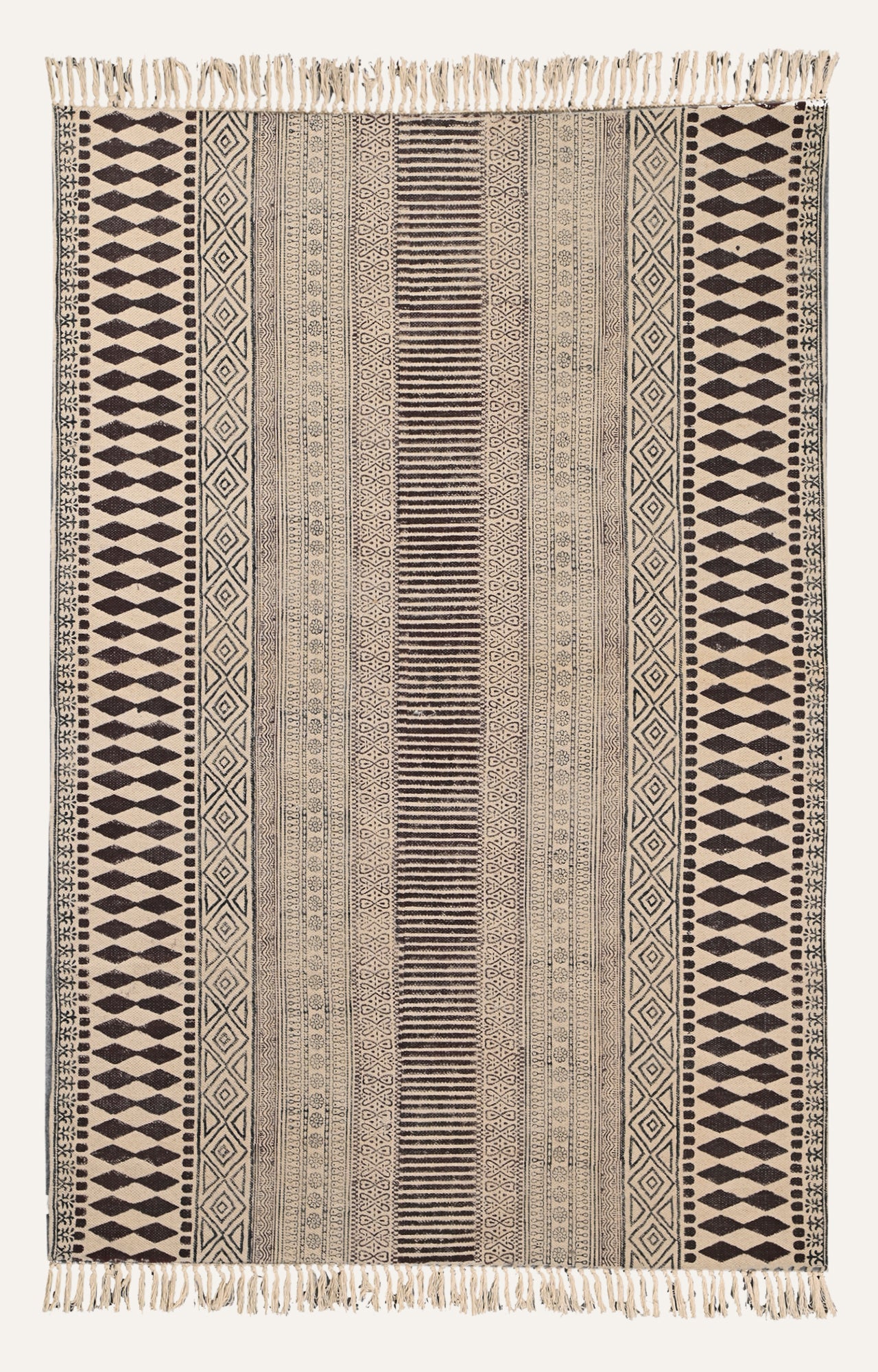 Textured Striped Cotton Rug in Beige & Black