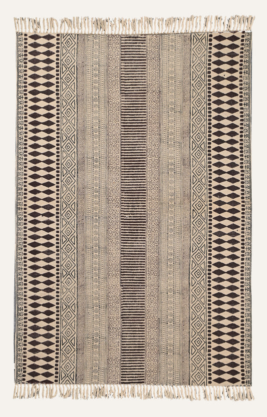 Textured Striped Cotton Rug in Beige & Black