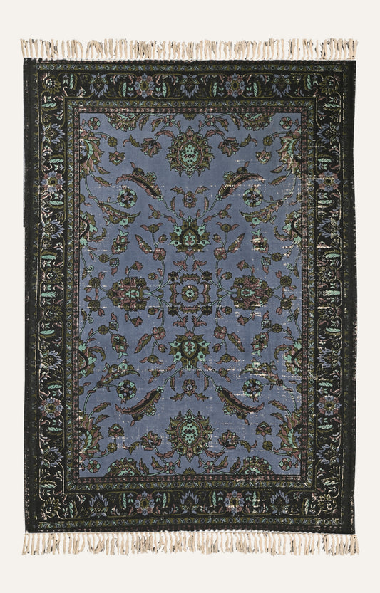 Blue Persian-Inspired Floral Cotton Rug
