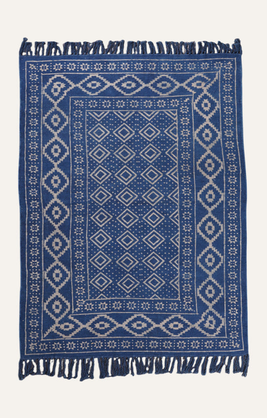 Handmade Indigo Fringed Border Cotton Rug