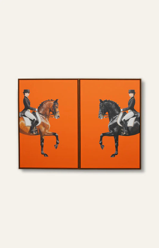 Men on Horse Orange Canvas Art Print Set of 2