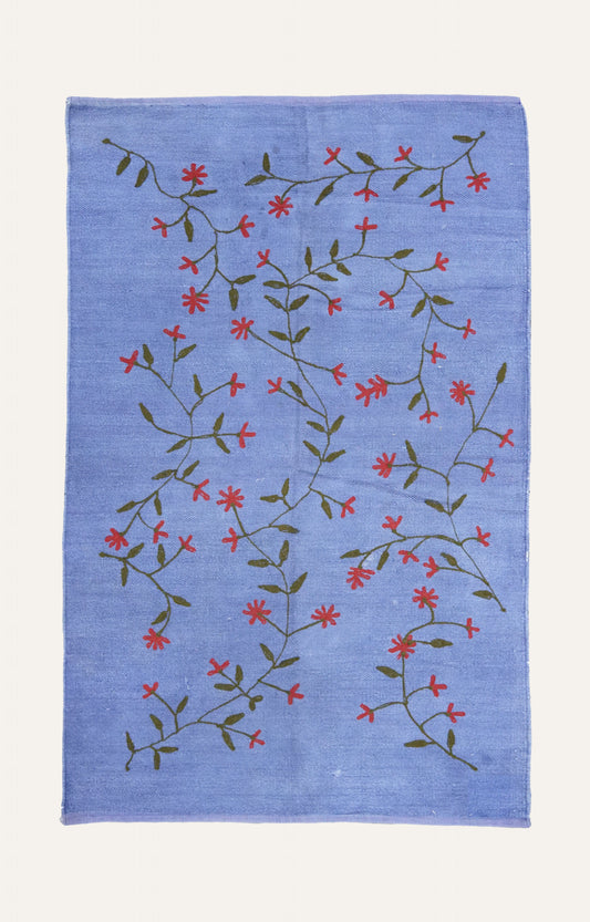 Handwoven Cotton Rug with Floral Embroidery
