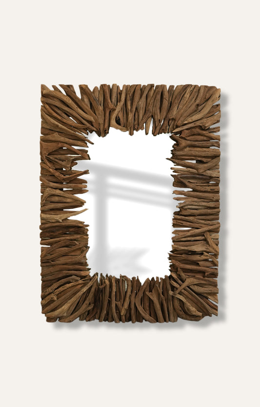 Handcrafted mirror with reclaimed teak driftwood-style rectangle frame