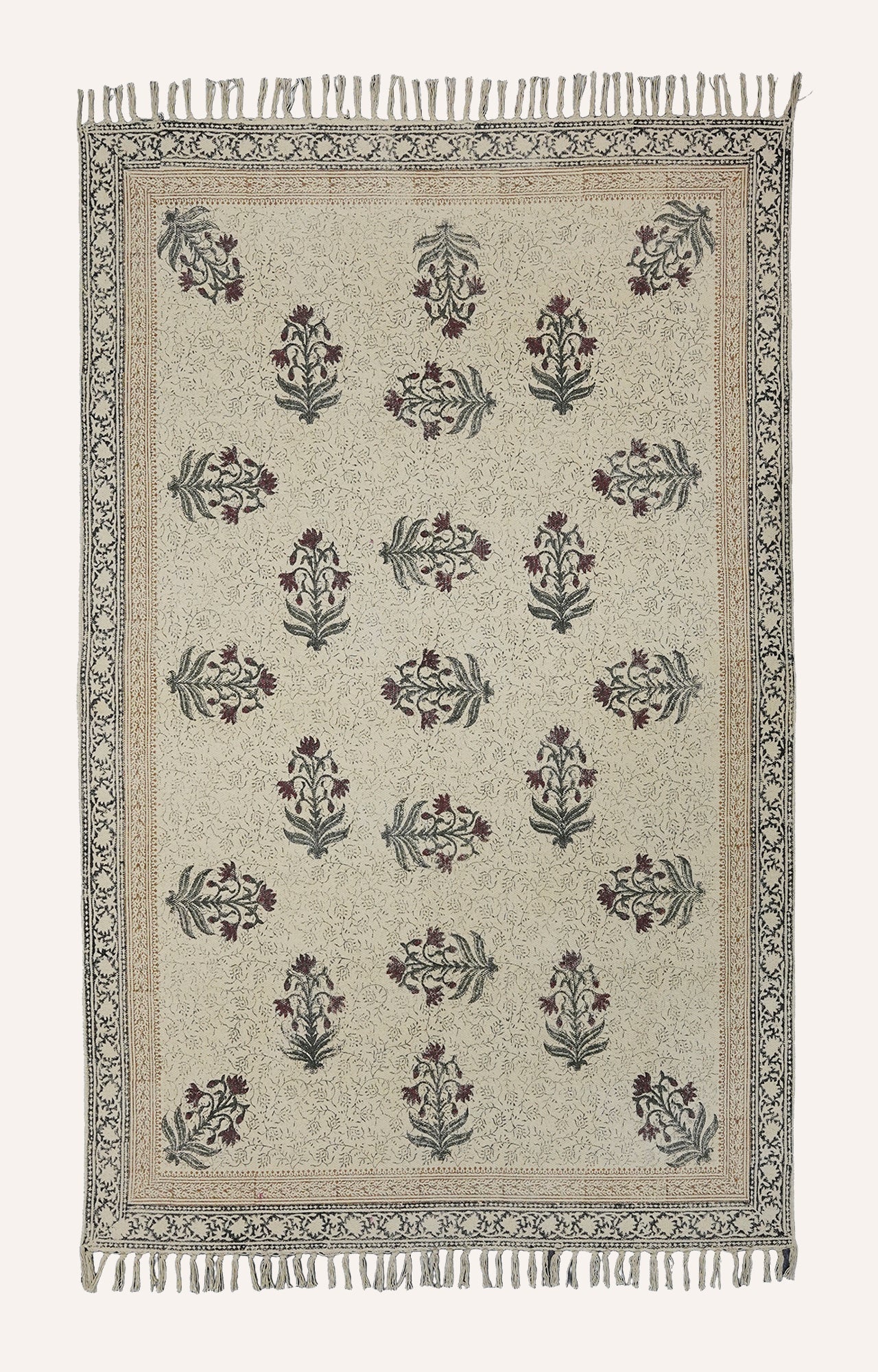 Crimson Bloom Hand Block Printed Dhurrie Rug