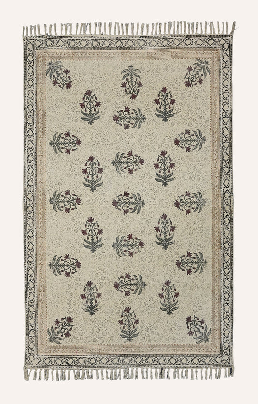 Crimson Bloom Hand Block Printed Dhurrie Rug