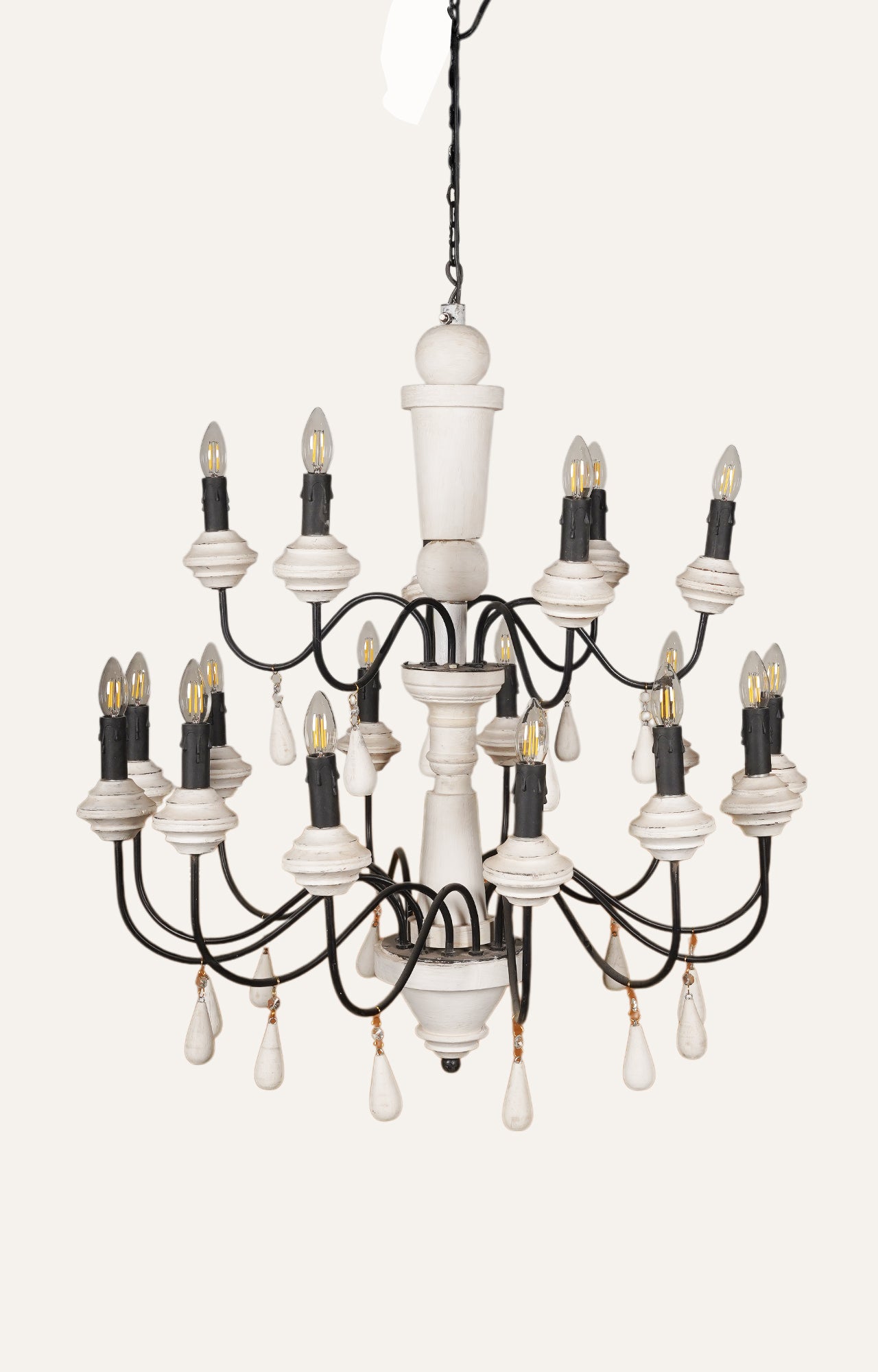  White antique finish grand chandelier with 20 lights on a double-tier mango wood frame.