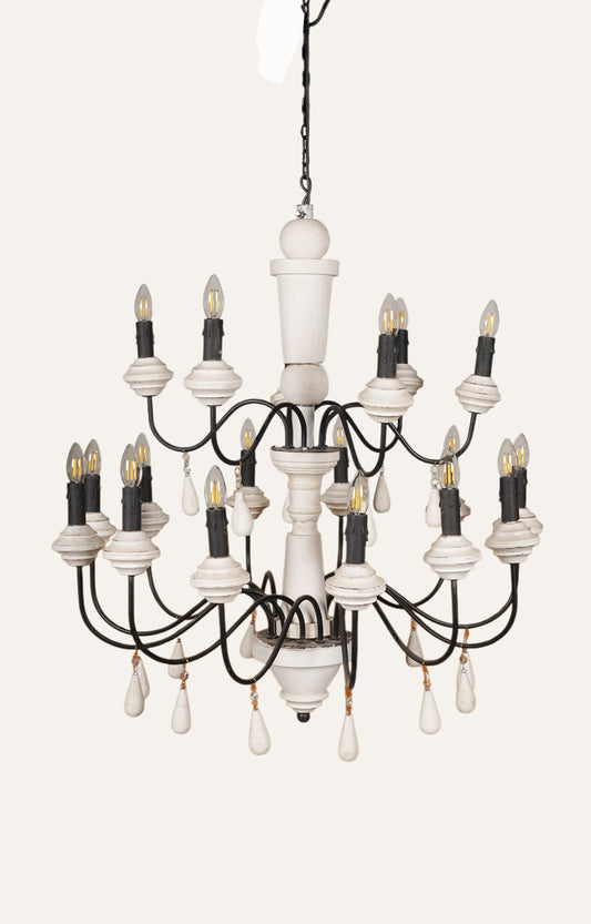  White antique finish grand chandelier with 20 lights on a double-tier mango wood frame.