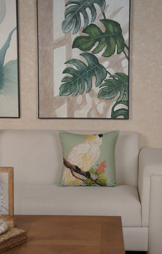 Cockatoo Embroidered Cotton Cushion Cover
