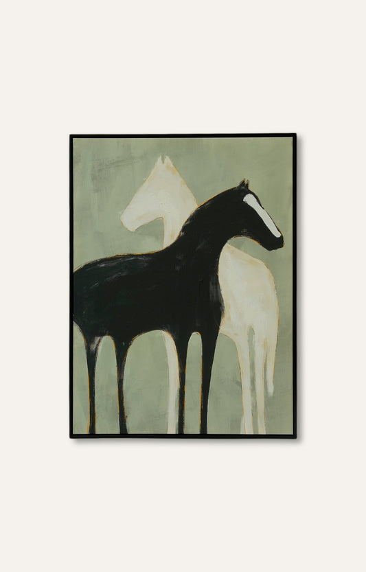 Black and White Horses Canvas Painting with Frame