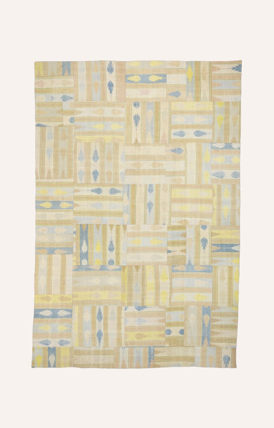 6 x 8.10 Ft Modern Geometric Patchwork Cotton Rug in Browns, Beige and blue