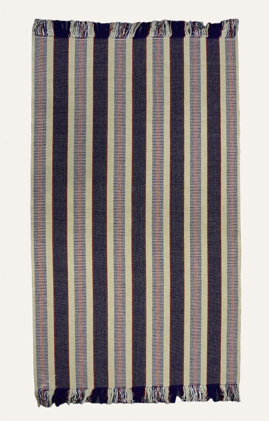 Navy Blue Cotton Striped Rug with Tassels