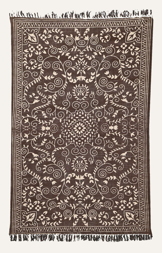 Brown & Ivory Floral Scroll Cotton Rug