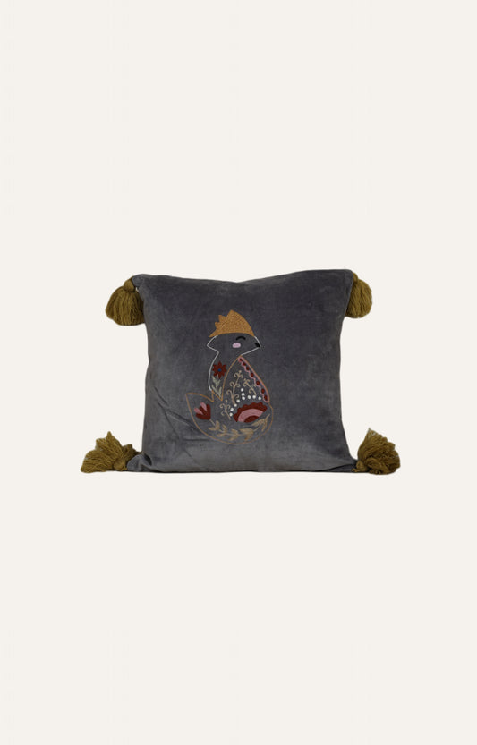 Embroidered Velvet Cushion with Fox Motif