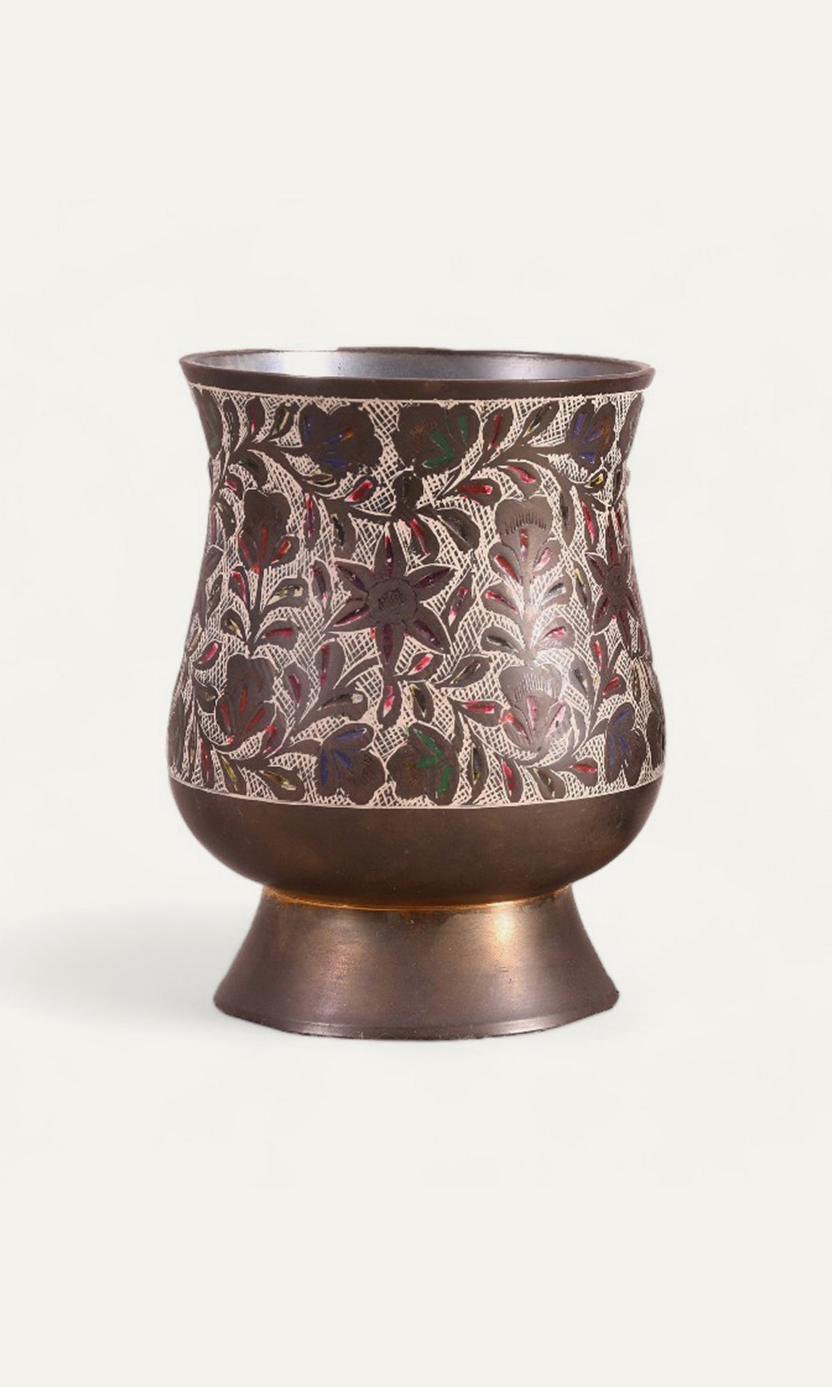 Brass Mug with Hand-Painted Floral Carvings