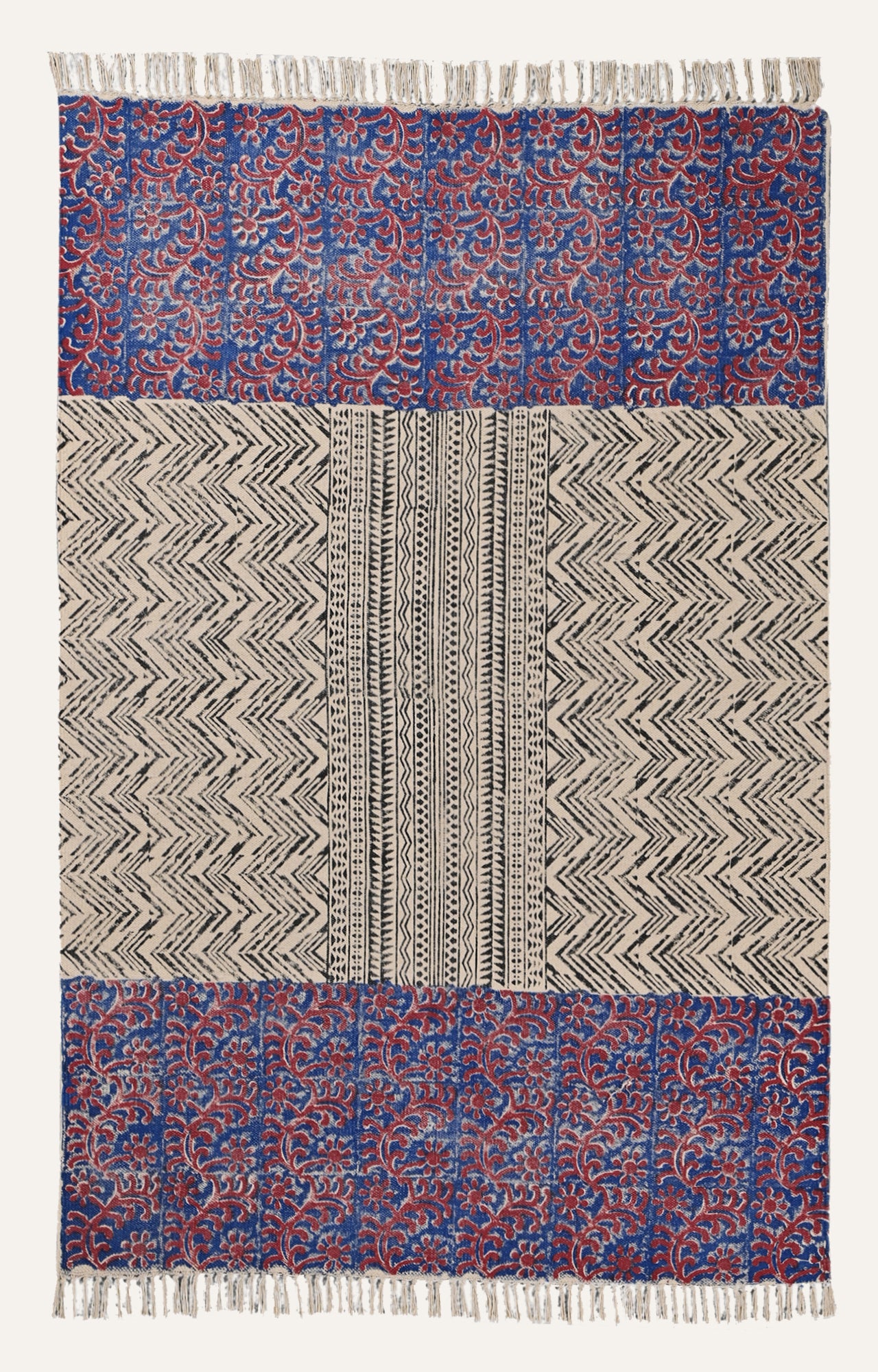 Chevron & Floral Panel Block-Printed Rug