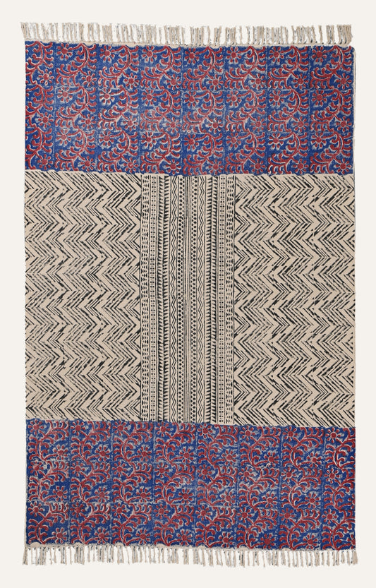 Chevron & Floral Panel Block-Printed Rug