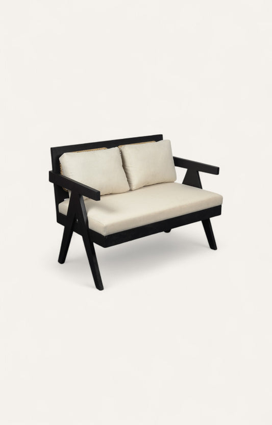 Modern Black Acacia Bench with Cane & Linen