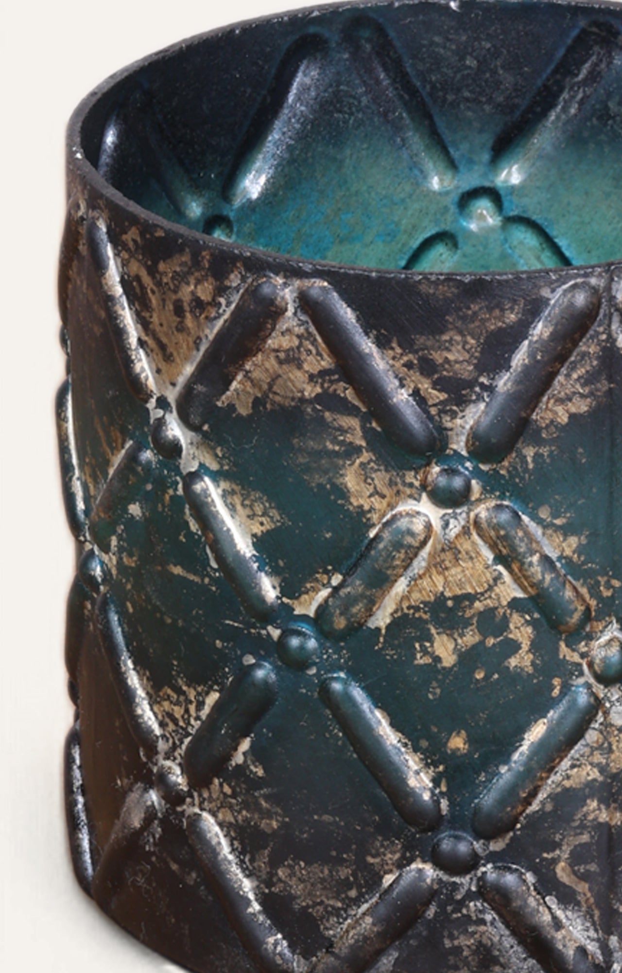 Teal Embossed Glass Candle Holder