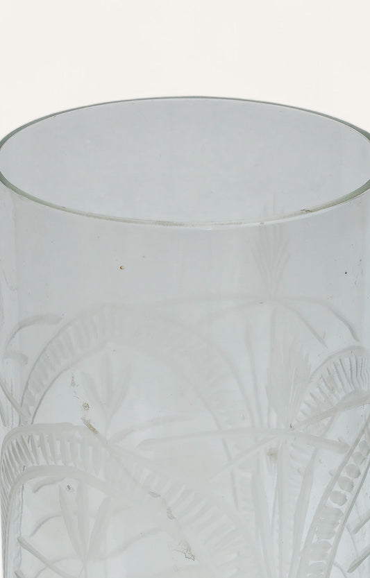 Etched Palm Pedestal Clear Glass Candle Stand
