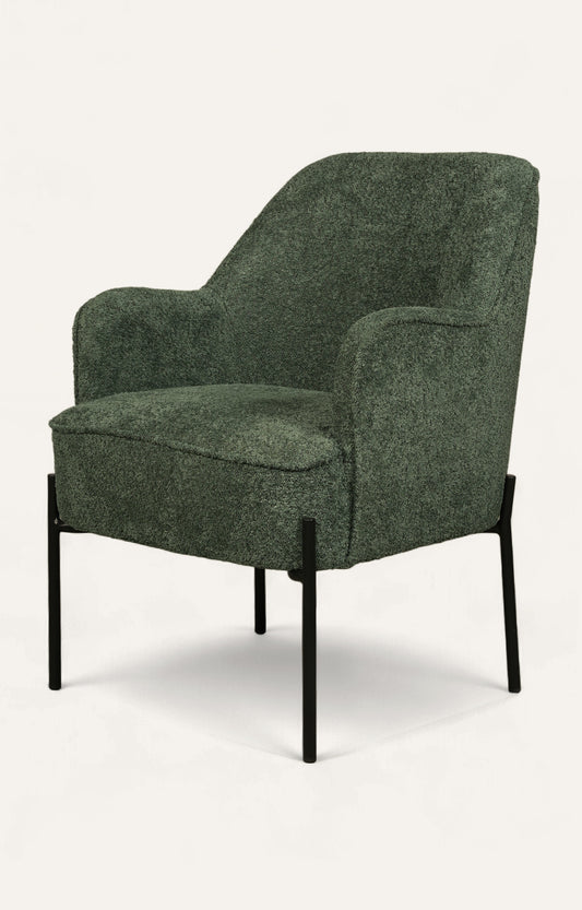 Modern Green Upholstered Armchair with Black Metal Legs