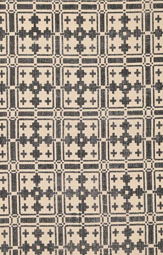 Ivory Grid Cotton Rug with Noir Motifs