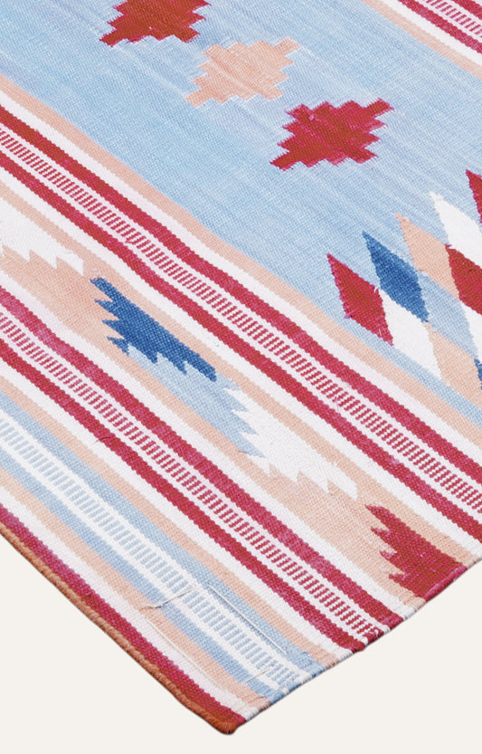 Architectural Motif Flatweave Rug in Terracotta & Sky Blue