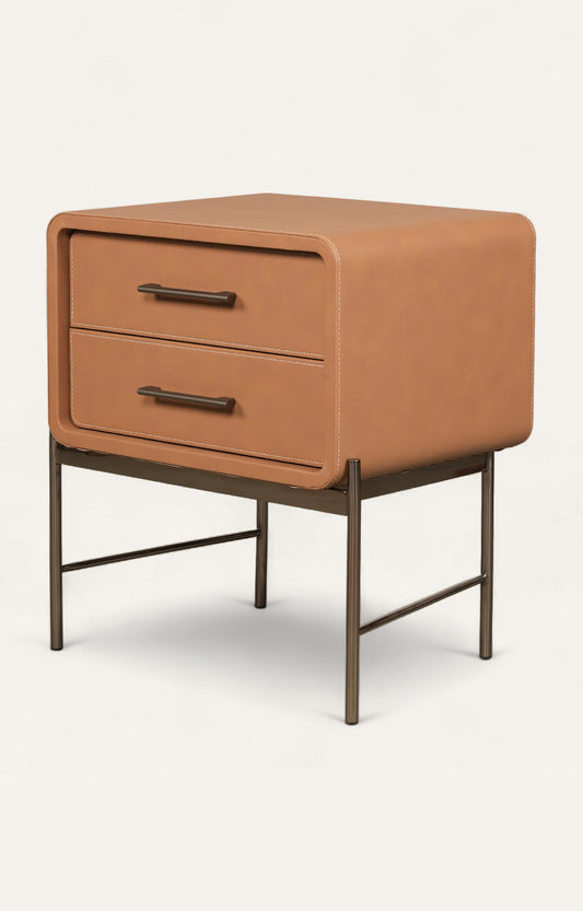 Contemporary Leather-Wrapped Nightstand with Metal Base