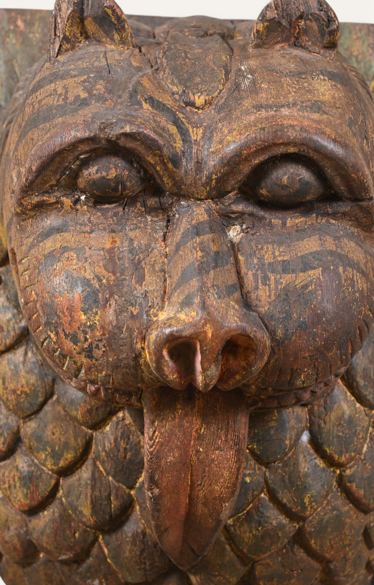 Mythical Tiger Hand-Carved Wooden Wall Mask